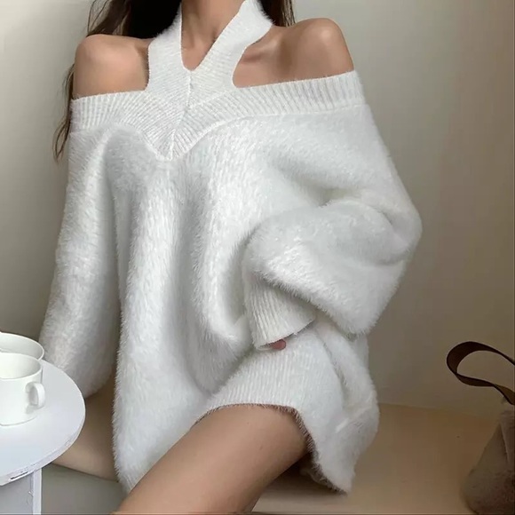 Sweaters - Sweater dress shirt halter reversible style white womens off shoulder